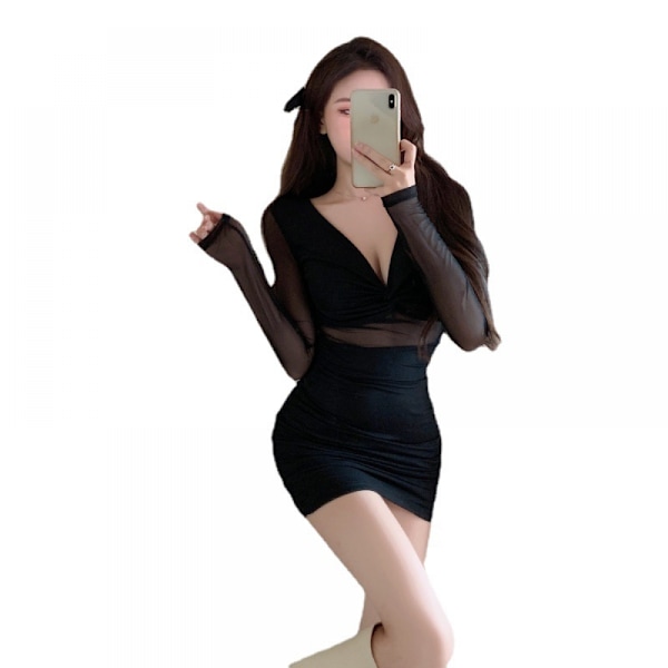 Kvinder Sexet V-hals Spaghetti Stropper Mesh Patchwork Minikjole Gennemsigtig Bodycon Festklub Natklub Minikjole(Sort M)