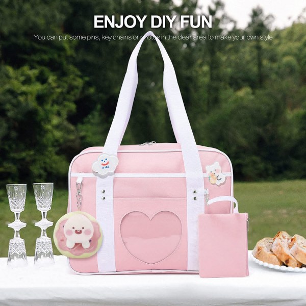 AVEKI Ita Bag Hjerte Japansk Skoleveske Stor Anime Skuldertaske Kawaii Håndveske for Kvinner, Rosa