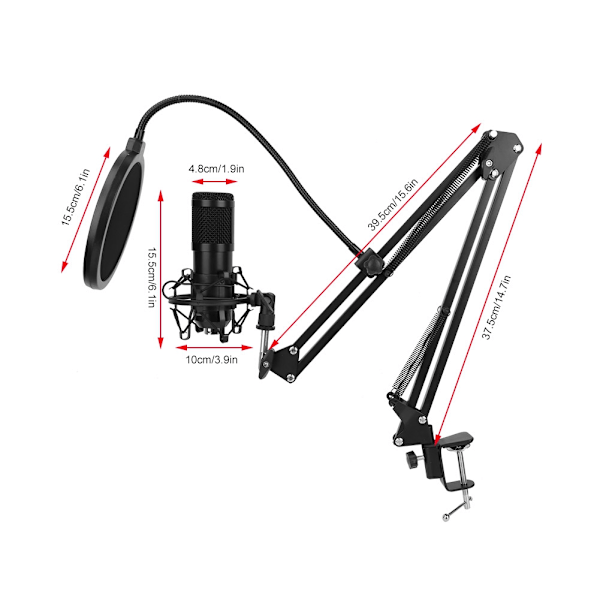 Professionelt USB-kondensatormikrofon-sæt med justerbar metalholder