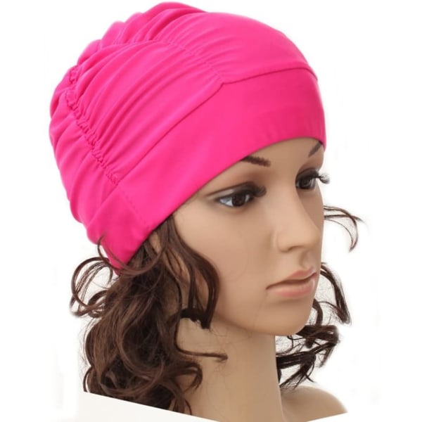 Färgglad plisserad cap i nylon Stor badmössa Cap i varma källor för vuxna män kvinnor Långt hår, varmt rosa