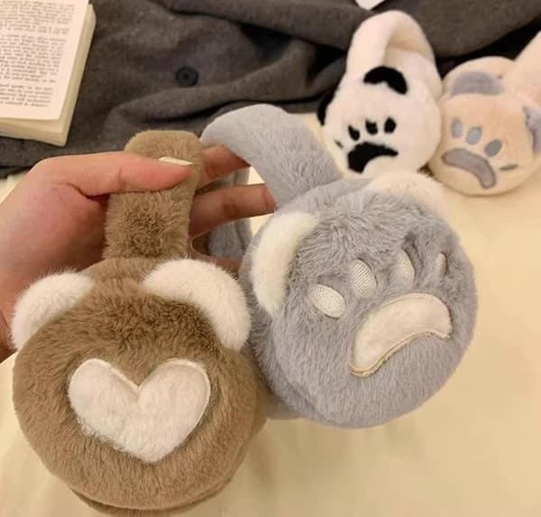 Søde Kattepote-øreklapper - Hjerteformet Mønster Foldbare Bløde Plys Ørevarmere, Bløde Fluffy Ørekopper til Kvinder, Hyggelig Vinter Udendørs Ørevarmer brown