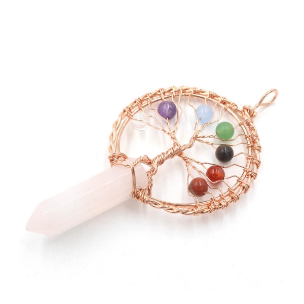 Træ Livs Vedhæng Træ Liv Kvarts Krystal Vedhæng Halskæde Chakra Ædelsten Kobber Wire Wrap Vedhæng（Pink krystal）