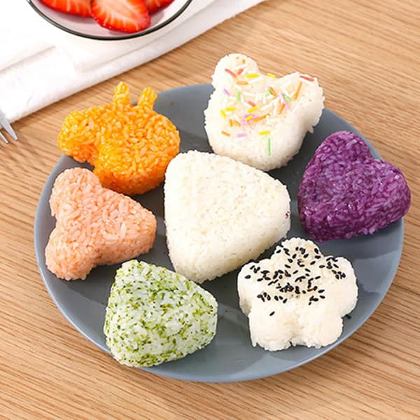 8-pak sødt risboldssæt – multiform (trekant/hjerte/kanin/blomst) Onigiri-forme + spatel, non-stick rysteforme til børn