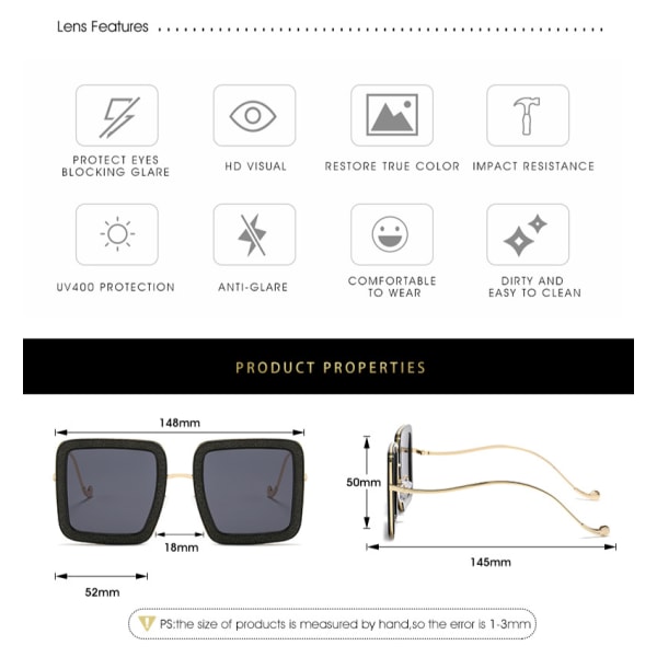 Överdimensionerade fyrkantiga solglasögon för kvinnor Mode Stora sköldskydd UV400-skydd