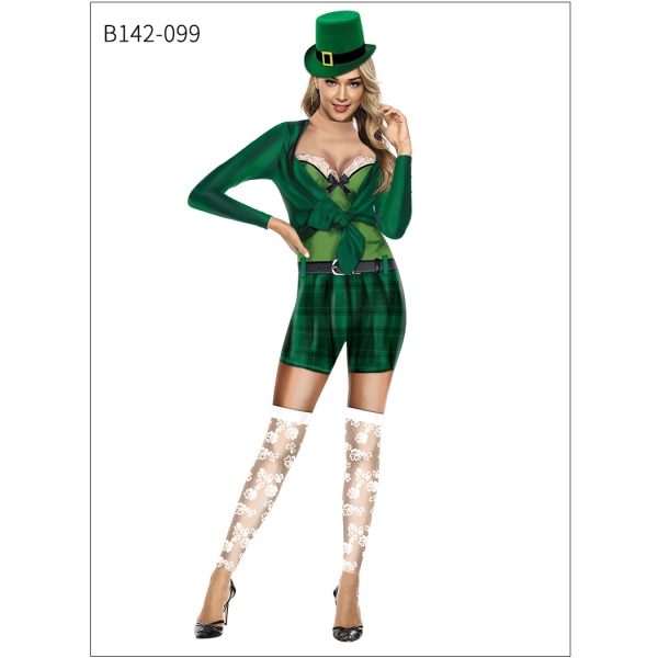 St. Patrick's Day Europeisk och amerikansk festivalparad karaktär klä upp irländsk shamrock grön hatt festivalframträdande jumpsuit kvinnlig L