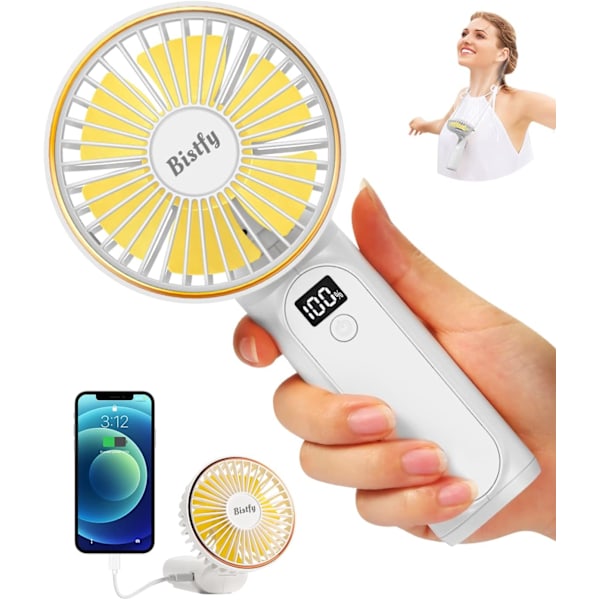 Kädessä pidettävä tuuletin, kannettava käsituuletin USB 5200mAh ladattava kokoontaitettava pöytätuuletin, erittäin hiljainen 6-nopeuksinen LED USB C kaulatuuletin, käsituuletin De white