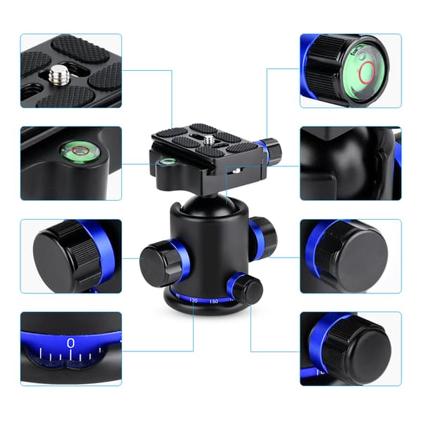 Mefury Stativkulehode Roterende Panoramisk med 3 stk 1/4\" til 3/8\" Skrueadapter Blå