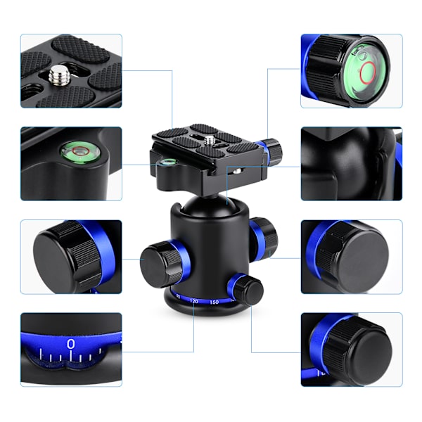 Mefury Tripod Kulled med Panorering och 3 st 1/4\" till 3/8\" Skruvadapter Blå