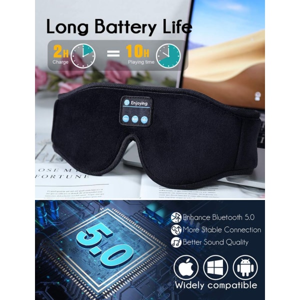 Sovhörlurar, 3D Sömnmask Bluetooth Trådlös Musik Ögonmask, Sovhörlurar för Sidosovare Sömnmask med Bluetooth H