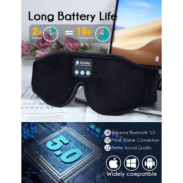 Unikuulokkeet, 3D-unimaski Bluetooth langaton musiikki silmämaski, unikuulokkeet kyljellään nukkuville unimaski Bluetooth H:lla