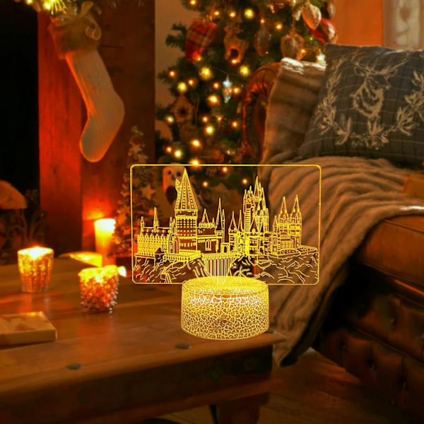 3D nattlys, slottlampe (3 mønstre), 7 farger endringsdekorlampe med fjernkontroll, demp, timer, magiske gaver til gutt barn jenter jul bursdag