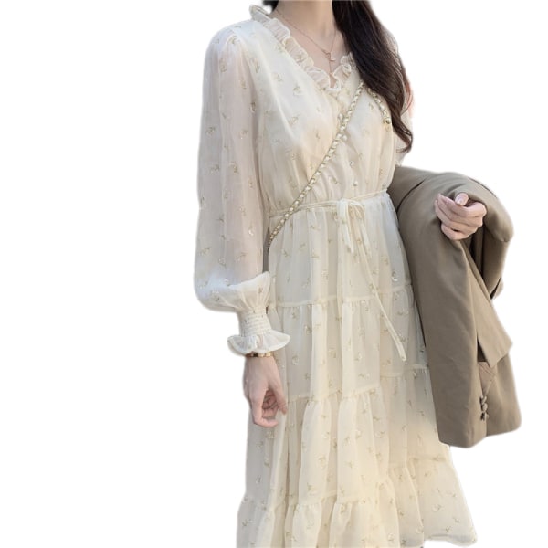 Kvinde Langærmet Fashionable Wave Dot Trykt Chiffon Kjole Temperament Fritid Ferie(L)