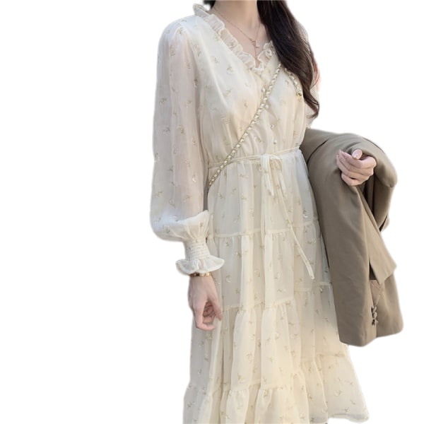 Långärmad, moderiktig, printed chiffongklänning för kvinnor Temperament Fritidssemester(XL)
