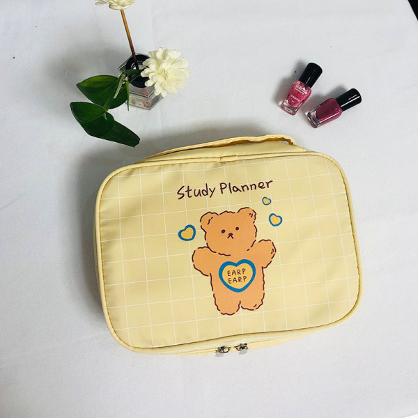 Beige Pläd Bear Korea ins björn kosmetikaväska söt japansk studentförvaringsväska flicka bärbar resetvättväska stor kapacitet 25*18*6cm