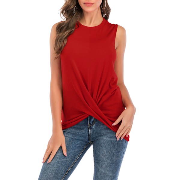 Dametanktoppe Twist Knot Sommer Ærmeløs Rund Hals Ærmeløs Krøllet T-shirt --- Rød（Størrelse S）