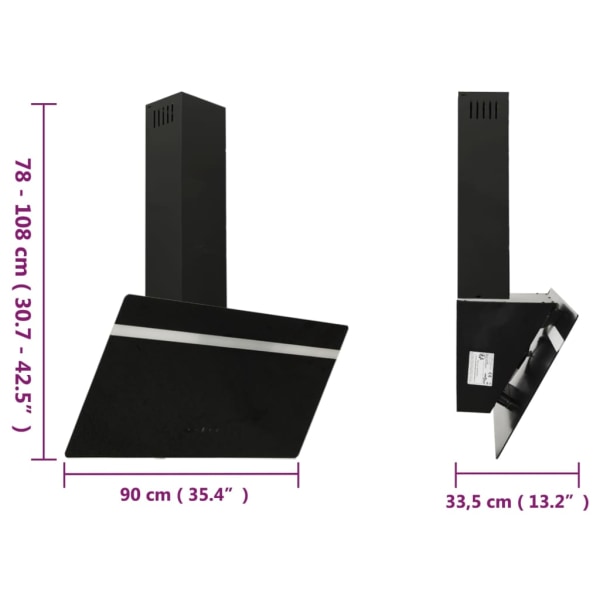 Keittiökattotuuletin 90 cm, teräs ja karkaistu lasi, musta