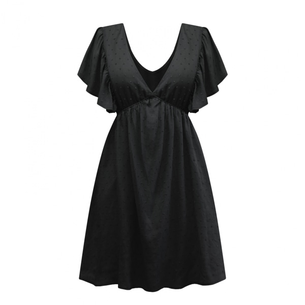Volangklänning med V-ringad dam, Sommarsexig flytande gunga med prickiga korta fladdriga ärmar strandklänningar --- Svarta（Storlek XL）