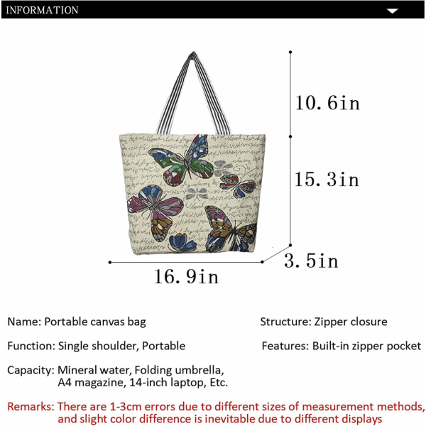 AVEKI Canvas Tote Bag til kvinder, genanvendelig indkøbspose, bærbar skuldertaske, skoletaske, sommerfugl