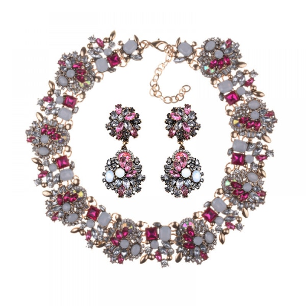 Halsband och örhängen Set, Kvinnors Chunky Halsband Strass Vintage Fashion Halsband Kostym Smycken Set(rosa röd)