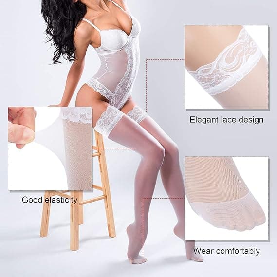 Lace Sheer Thigh High Strømper 3 Par Opaque Hold Up One Size til Sorte Kvinder, Pink