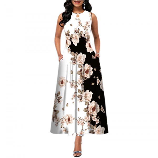 Blomsterkjole til kvinder, ærmeløs, rund hals, øjenlåg, casual, løs, vintage boho, lang strandkjole med lommer (sort/hvid L)