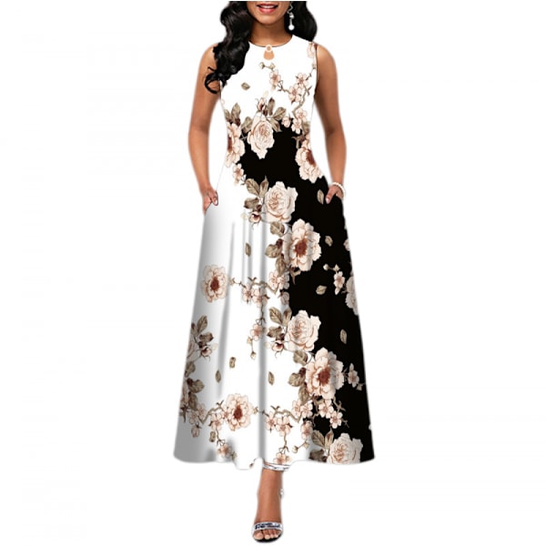 Blomsterkjole til kvinder, ærmeløs, rund hals, øjenlåg, casual, løs, vintage, boho, lang strandkjole med lommer (sort/hvid XL)