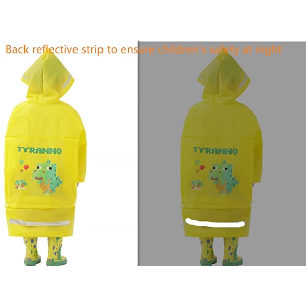 Barnregnrock Barnponcho Barnregnjacka Barnregndräkt Lätt Regnkläder Reflekterande Återanvändbar med Huva, Dino Gul, 2XL