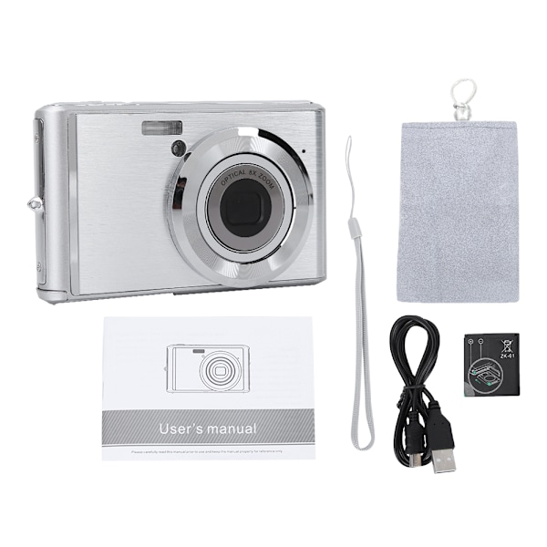 2,4-tums skärm Mini HD digitalkamera 8x optisk zoom 720P video 20MP bild (Silver)