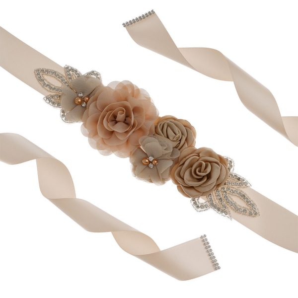 Bröllopssashbälte med blommor, pärlor och strass, klänningsbälte för brudar och brudtärnor, khaki