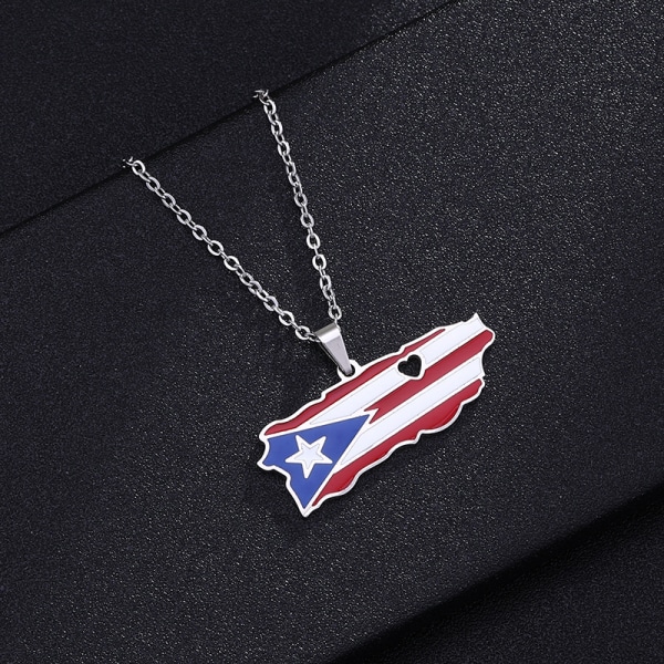 Rostfritt stål Puerto Rico Heart Map Hängsmycke, Fashion Lady Map Necklace, Bästa presenten till familjen（silver）