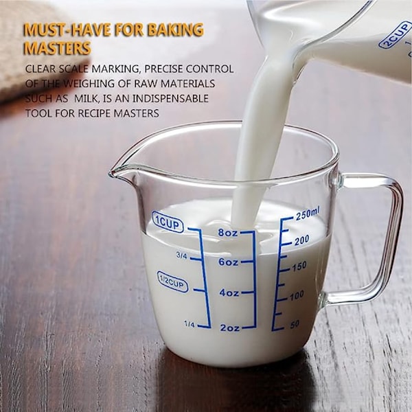 250 ml/8 oz värmebeständig glasmätkopp med skala för laboratorium, barnens mjölktillverkning, matlagning i köket, etc.