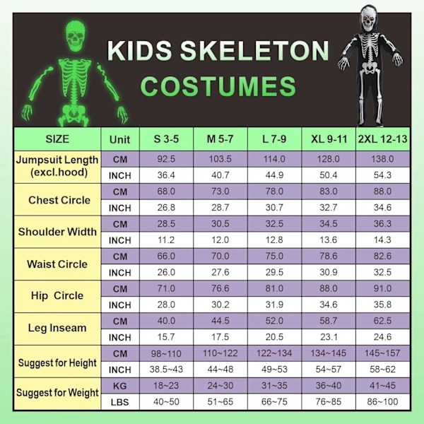 Barn Skelettkostyme Gløder i Mørket Skjeletter Halloween Skelettkostymer for Gutter og Jenter 3-5years