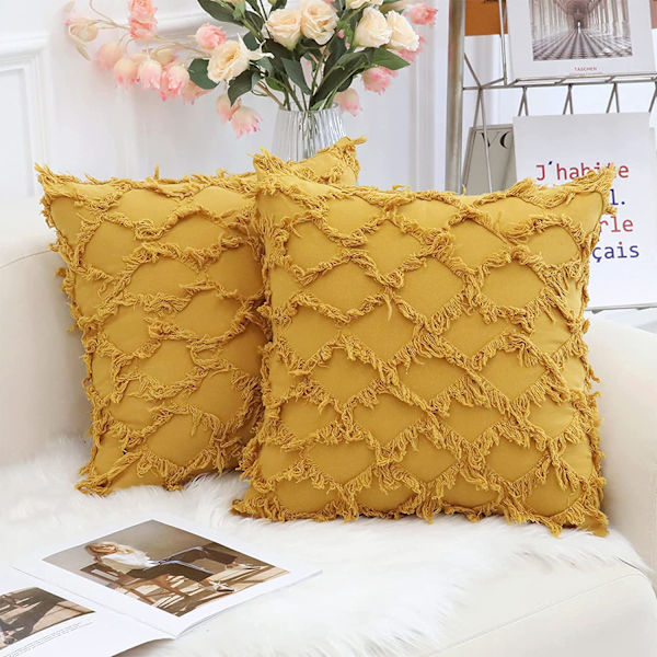 Wekity Sennepsgul Dekorative Putetrekk 20 x 20 Tommer Pakke med 2 Boho Pynteputer til Sofa og Stol, 100% Bomull