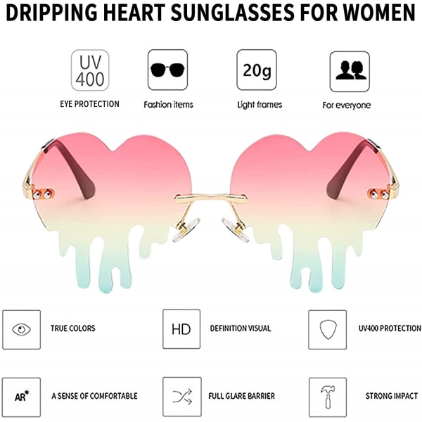 Dripping Heart Solglasögon för kvinnor Båglöst smältande hjärtformade solglasögon Lins Trendiga festglasögon
