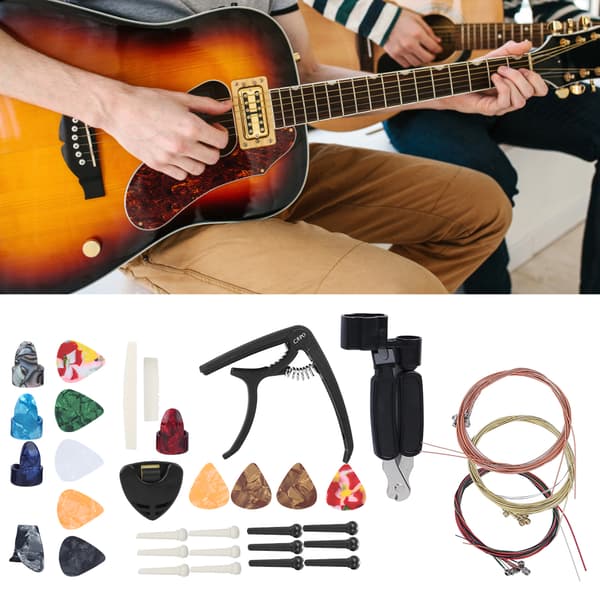 Gitarrtillbehör Kit Strängar Byte Winder Capo Pins Nagel Plektrum Combo Reparationsverktyg