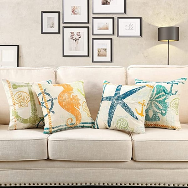 Putetrekk 18x18 tommer 4-pakker Anker Sjøstjerne Hippocampus Skjell Pynteputer Trekk Putevar for Seng Stol Sofa Soverom Stue Hjem D