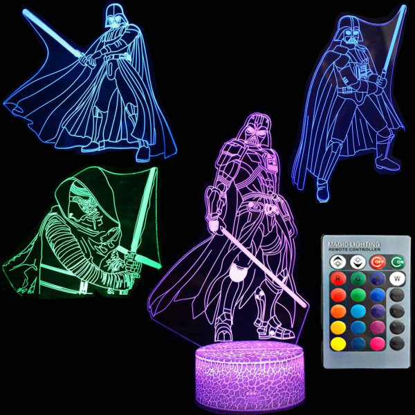 WJ 3D Illusion Nattlampa Fyra Mönster 16 Färgförändring Dekorlampa Skrivbordslampa Bordslampa Lampa för Barn Superhjälte 3 Darth Vader-gruppen