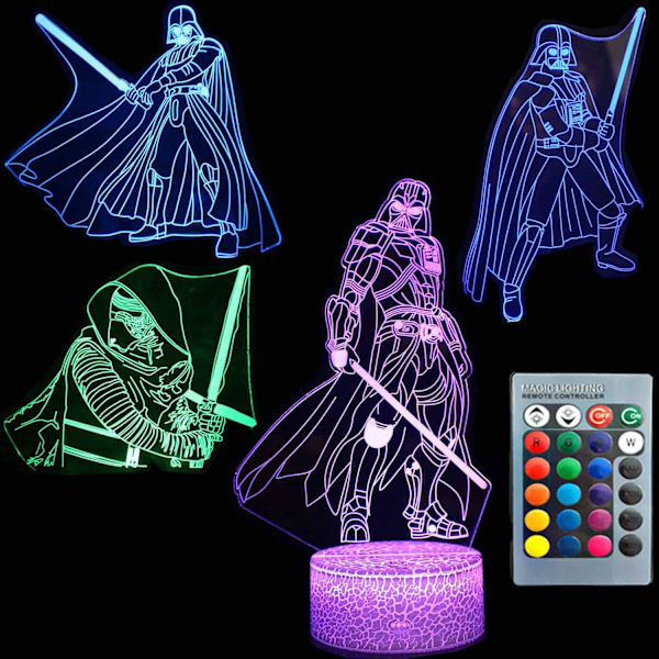 WJ 3D illusjonsnattlys fire mønster 16 fargeendring dekorlampe skrivebordslampe lampe for barn barn superhelt 3 Darth Vader-gruppen