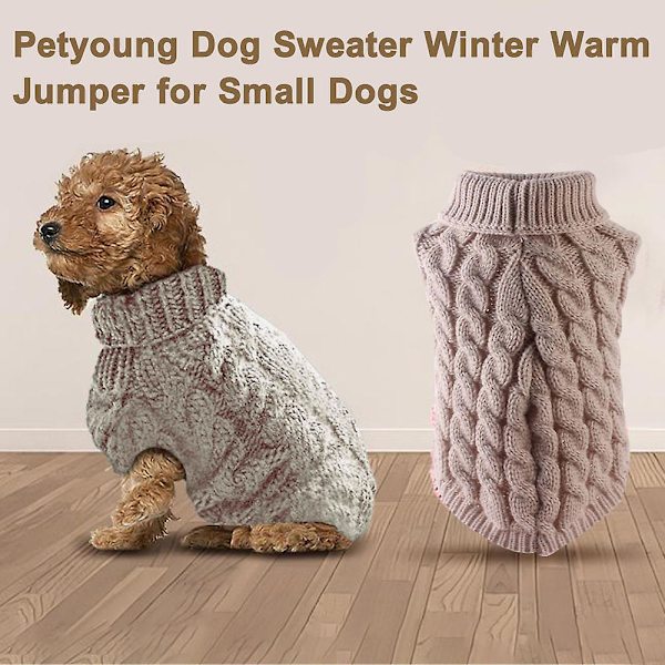 Hundtröja med polokrage, höst vinter stickad husdjur valp kläder tjock varm väst jacka (Khaki,M)