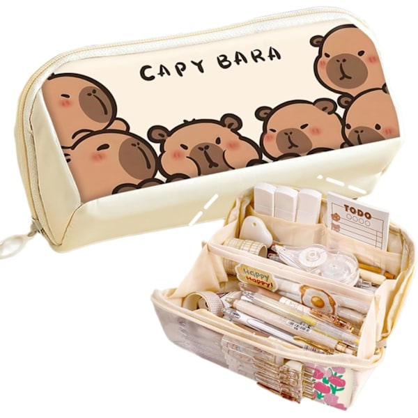 Pencil Pouch Multi-Layer Stor Kapacitet Capybara Print Særpræget Sjov Sød (Beige-2) B