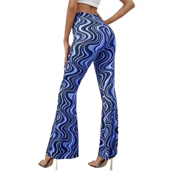 AVEKI Dame Print Elastisk Højtaljet Flare Leg Bell Bund Bukser, Blå, M