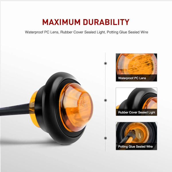 10 stk. 3/4” runde LED-positionslygter til forreste, bageste og sideindikatorer til lastbil, autocamper, bil, bus, trailer, campingvogn, båd (12V, ravfarvet)