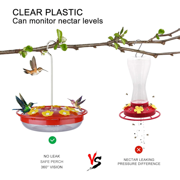 Kolibrifoder til udendørs ophængning - Plastik lækagesikker kolibrifoder med indbygget myrebeskyttelse og siddepind, nem at rengøre & F