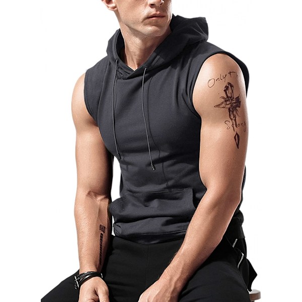AVEKI  Mäns Workout Hooded Tank Tops Sleeveless Gym Hoodies Bodybuilding Muscle Sleeveless T-Shirts, Deep Grey, XXL