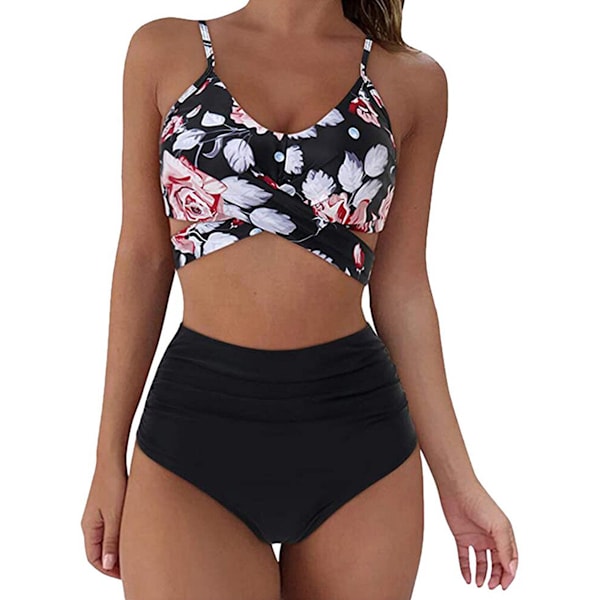 Damer Wrap Bikini Sæt Push Up Høj Talje Todelt Badetøj Split Slange Skind Print Badetøj til Svømning Vandsport (rød og hvide blomster) M