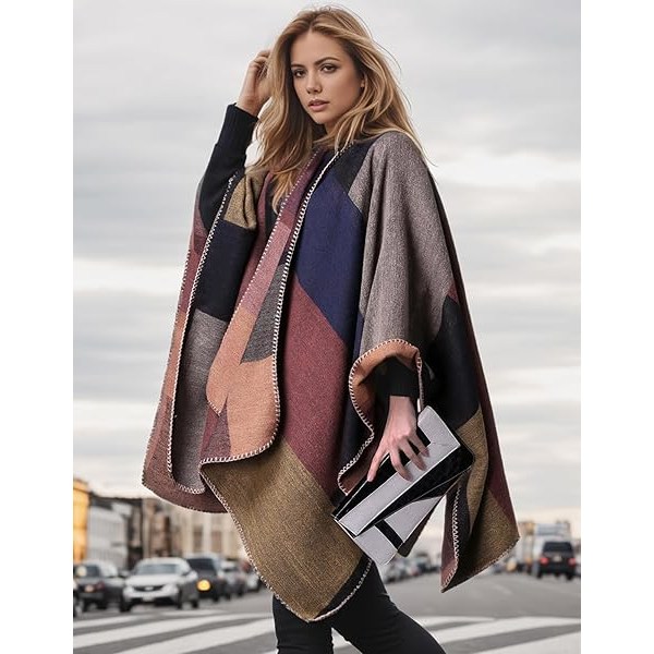 Damekappe med åpen front, reiseponcho, varm overdimensjonert pleddgenser, avslappet cardigan, sjal for høst og vinter, khaki