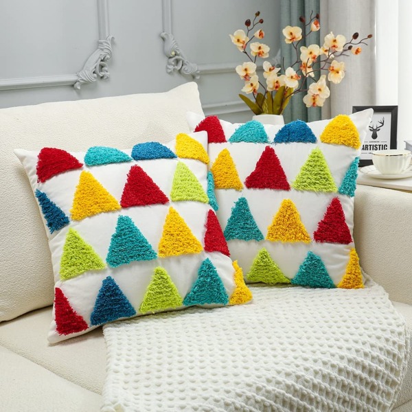 Set med 2 färgglada triangulära örngott (geometriska, 18x18 tum)