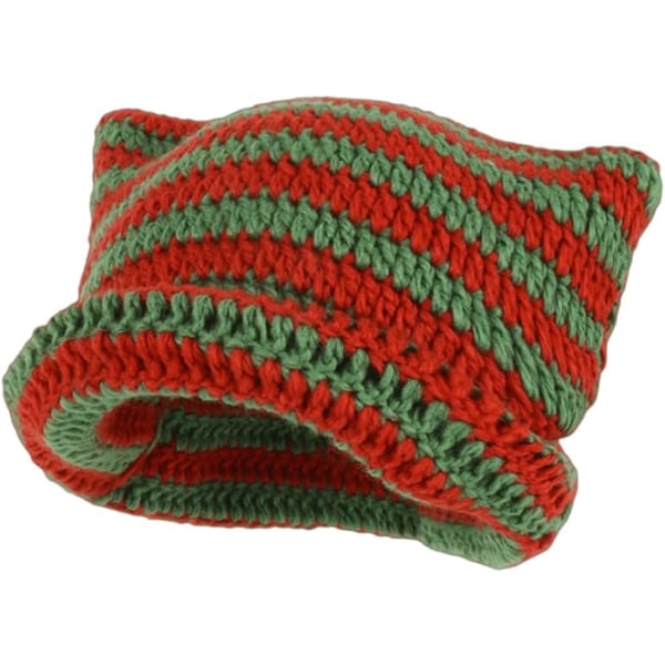 Kvinnors Y2K Djävul Stripes Vinter Tjock Stickad Mössa, Katt Öra Virkad Slouchy Koreansk Skully Mössa Fleece Ylle Mössa Red