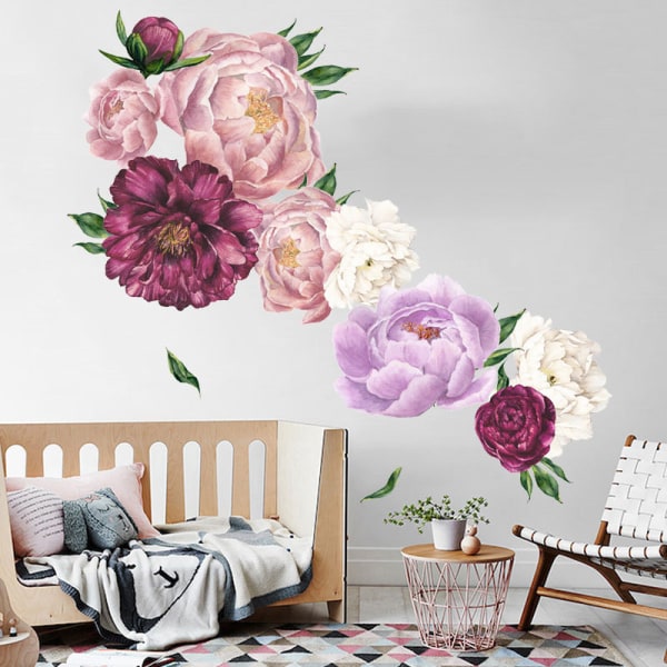 Skala och sticka Avtagbar rosa blommig applikationskonst väggmålningar, vattentät blomma akvarell gör-det-själv tapeter för sovrumsbakgrundsdekoration