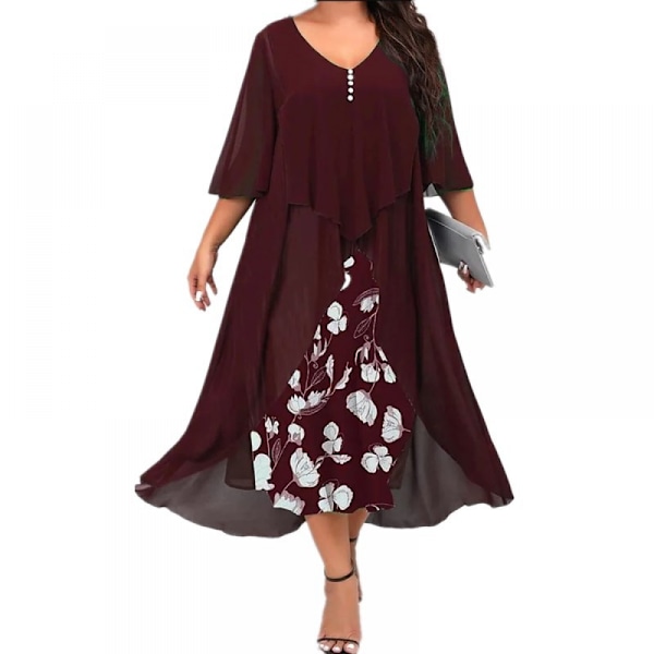 Plus Size Dame Tøj Ny Dame Chiffon Syning Falsk To-delt Uregelmæssig Mid-ærme Kjole (Claret M)